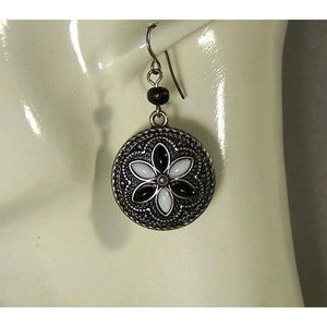 Sterling Silver Ear Wires Components Enamel Black White Flower Earrings Textured
